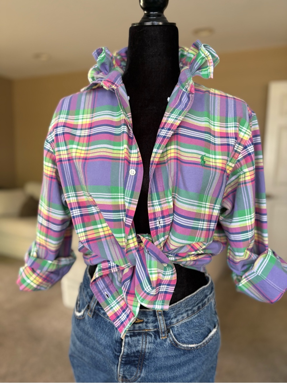 Reworked Ralph Lauren Lavender Pink Green Plaid Button-Down Size S